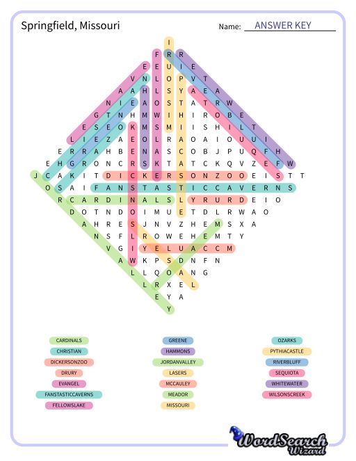 Springfield, Missouri Word Search Puzzle