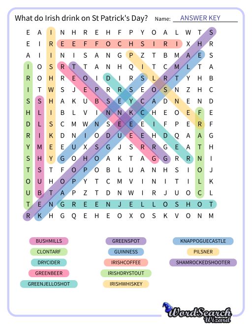 What do Irish drink on St Patrick's Day? Word Search Puzzle