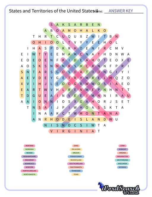 States and Territories of the United States II Word Search Puzzle