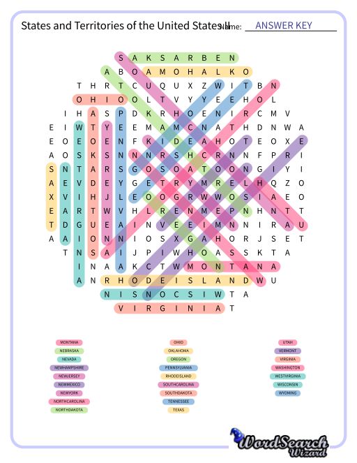 States and Territories of the United States II Word Search Puzzle