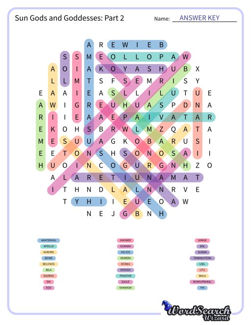 Sun Gods and Goddesses: Part 2 Word Search Puzzle
