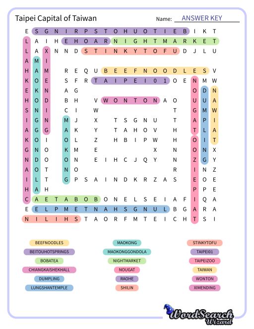 Taipei Capital of Taiwan Word Search Puzzle