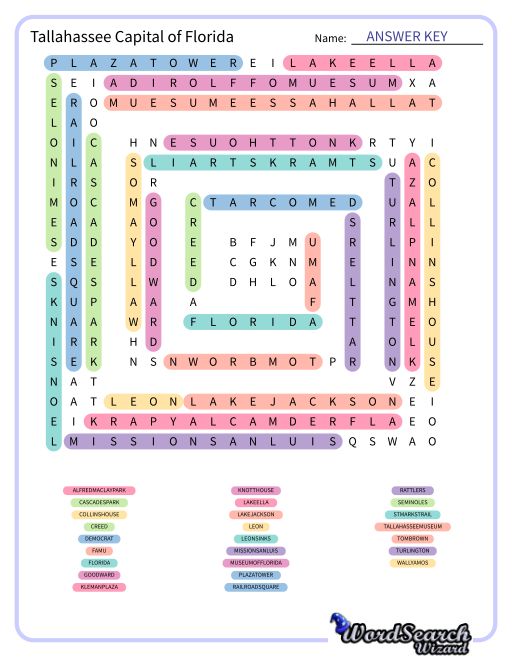 Tallahassee Capital of Florida Word Search Puzzle