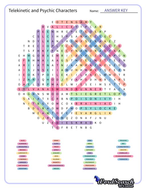 Telekinetic and Psychic Characters Word Search Puzzle