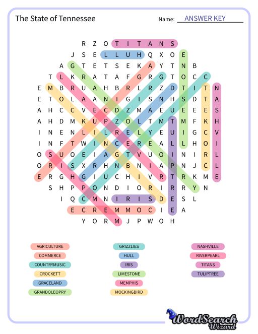 The State of Tennessee Word Search Puzzle