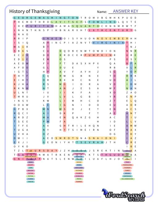 History of Thanksgiving Word Search Puzzle