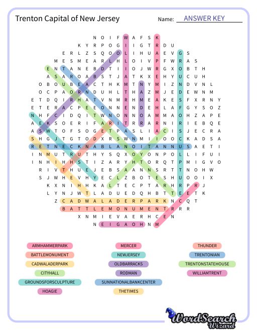 Trenton Capital of New Jersey Word Search Puzzle