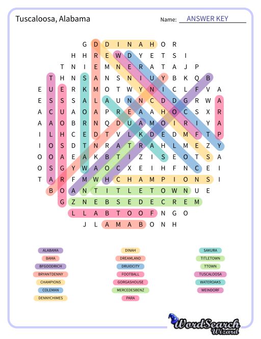 Tuscaloosa, Alabama Word Search Puzzle