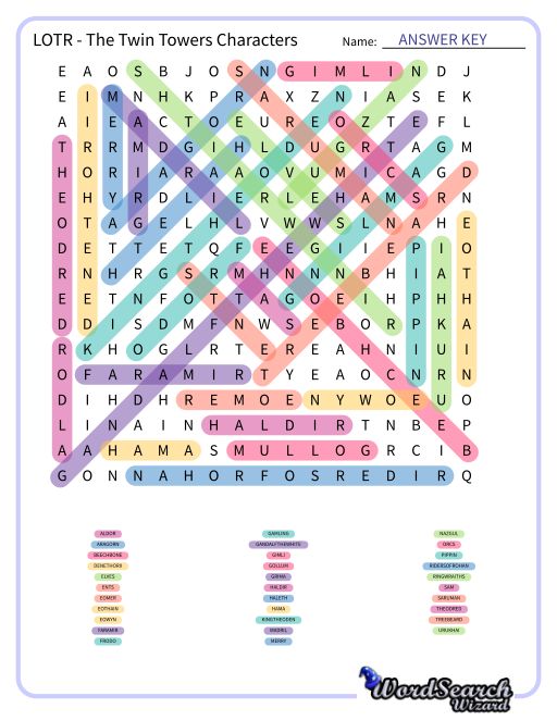 LOTR - The Twin Towers Characters Word Search Puzzle