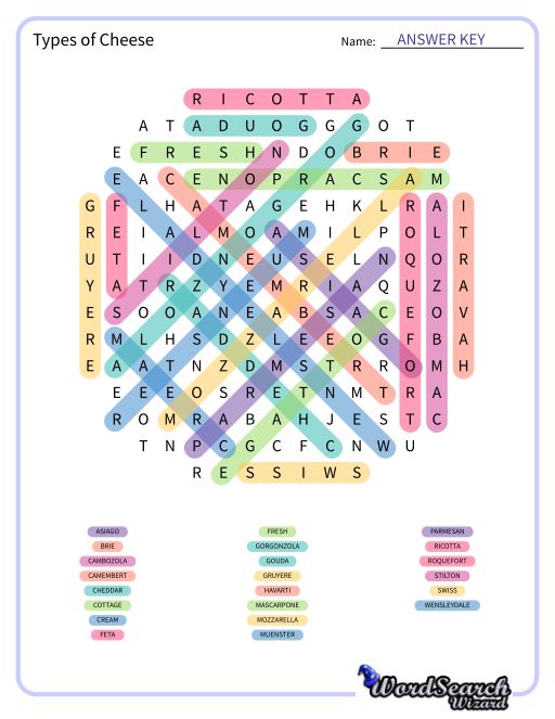 Types of Cheese Word Search Puzzle