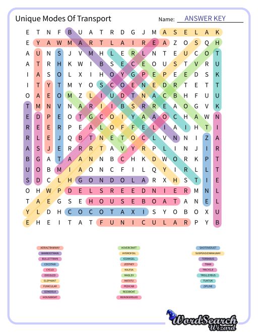 Unique Modes Of Transport Word Search Puzzle