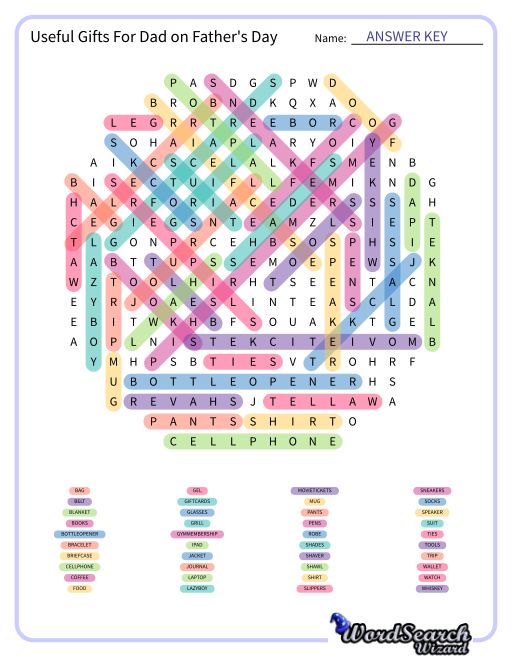 Useful Gifts For Dad on Father's Day Word Search Puzzle