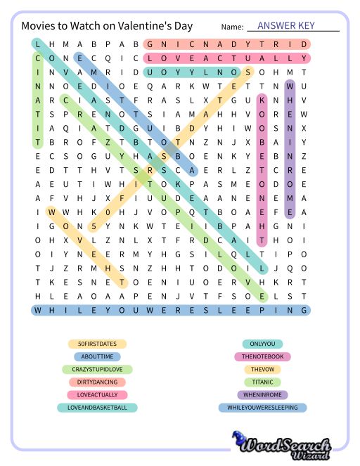 Movies to Watch on Valentine's Day Word Search Puzzle