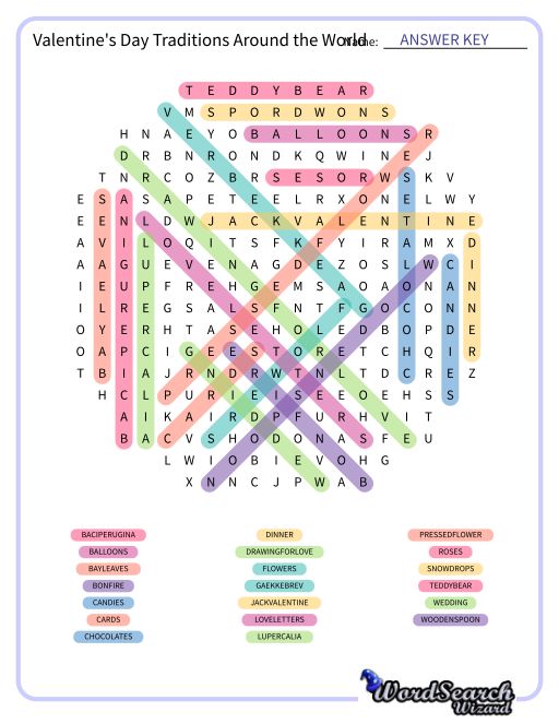 Valentine's Day Traditions Around the World Word Search Puzzle