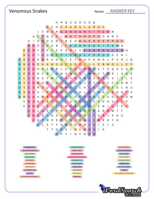 Venomous Snakes Word Search Puzzle