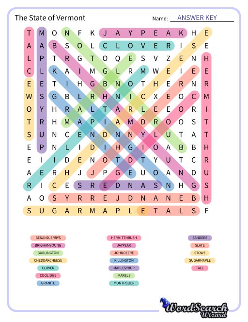 The State of Vermont Word Search Puzzle