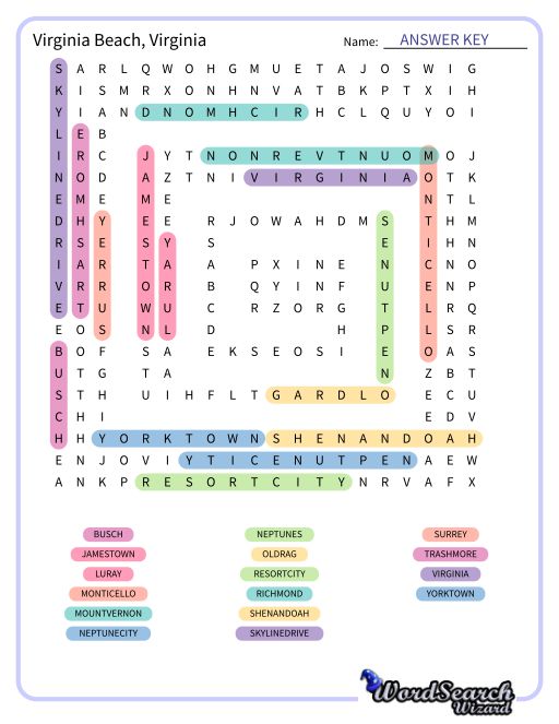 Virginia Beach, Virginia Word Search Puzzle