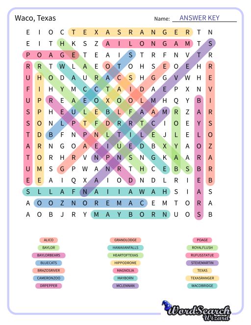 Waco, Texas Word Search Puzzle