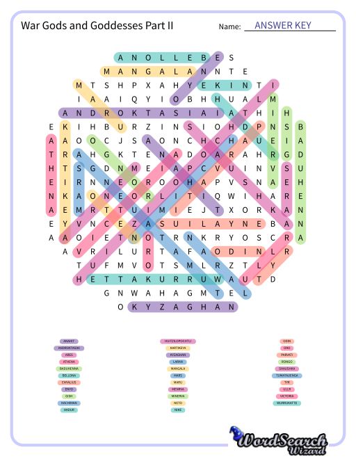 War Gods and Goddesses Part II Word Search Puzzle