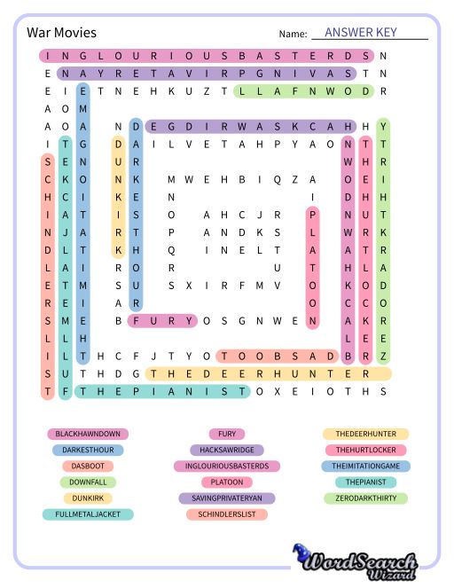 War Movies Word Search Puzzle