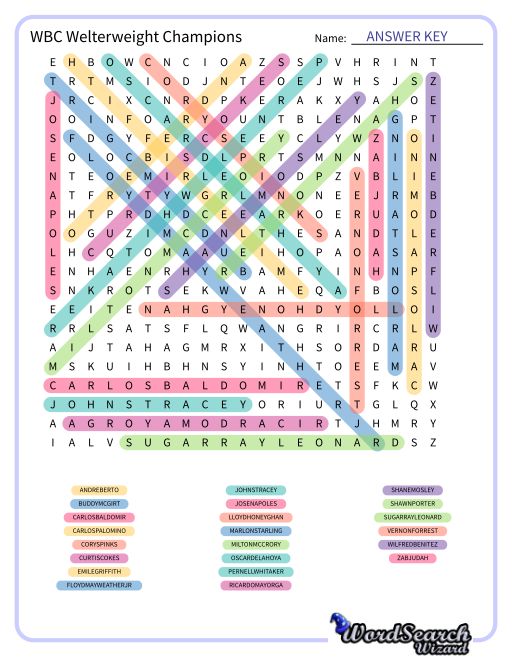 WBC Welterweight Champions Word Search Puzzle