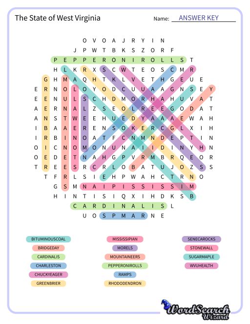 The State of West Virginia Word Search Puzzle