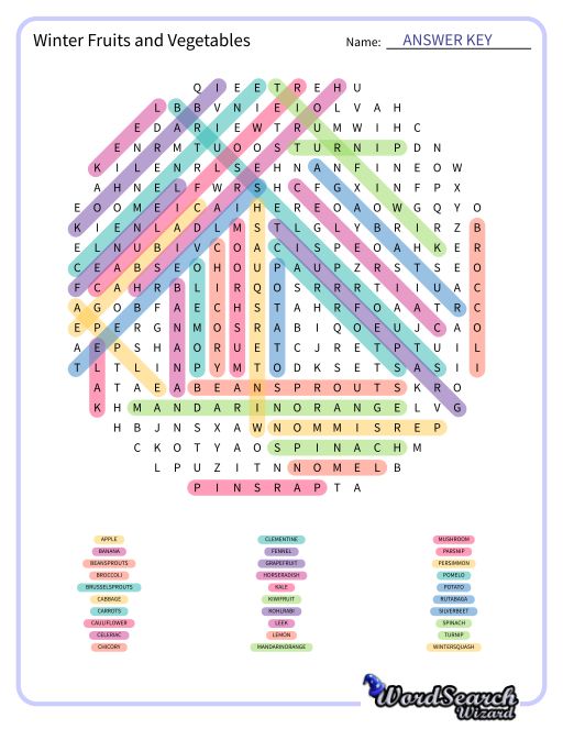 Winter Fruits and Vegetables Word Search Puzzle