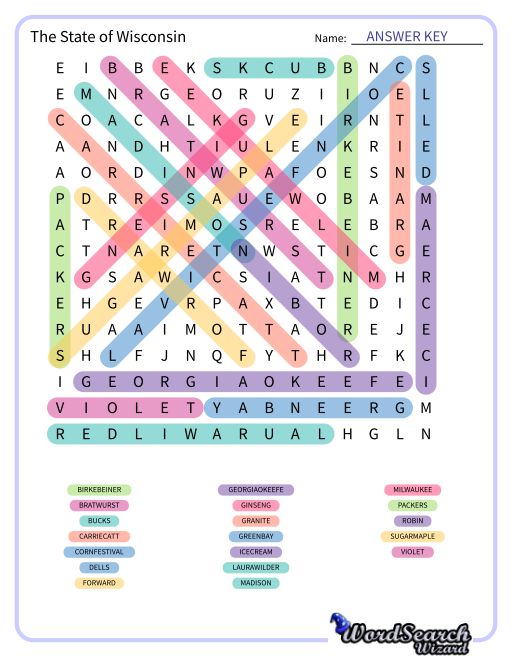 The State of Wisconsin Word Search Puzzle