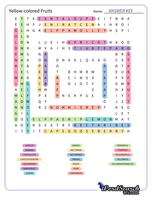 Yellow-colored Fruits Word Search Puzzle