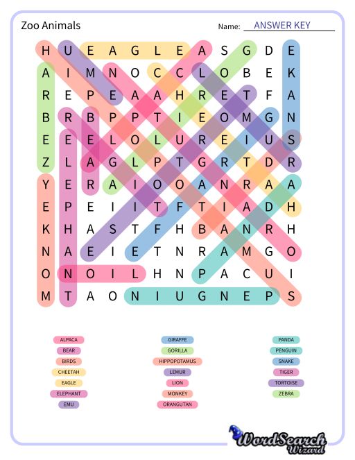 Zoo Animals Word Search Puzzle